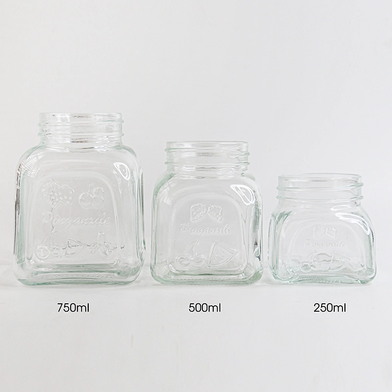 Factory Supply New Design 250ml 500ml 750ml Square Shape Glass Mason Jar with Fruit Logo for Honey Jam Storage