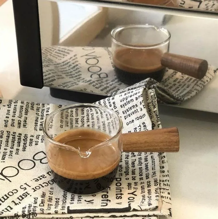 Heat-Resistant Glass Measuring Cup with Wooden Handle Jigger for Espresso Coffee Ounce Cup 70ml Small Milk Cup