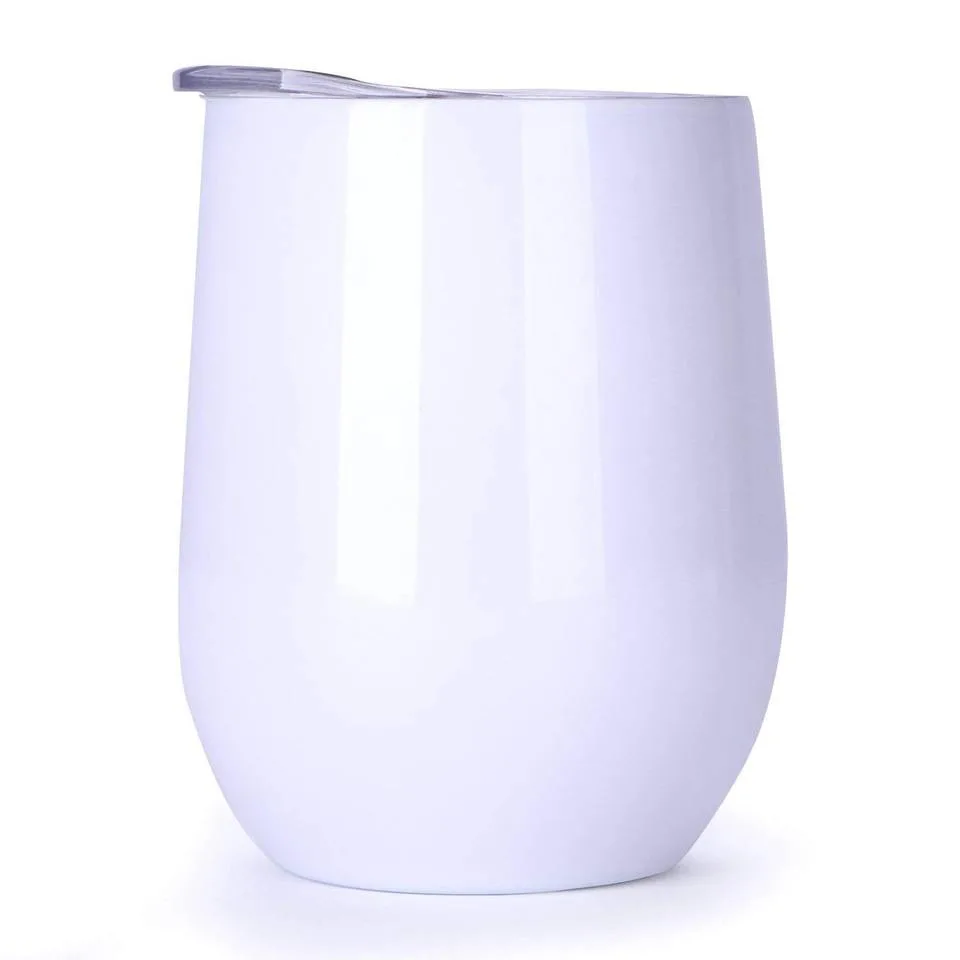 12oz White Sublimation Double Wall Stainless Steel Insulated Wine Tumbler Cup Stemless Egg Shape Wine Glass with Lids
