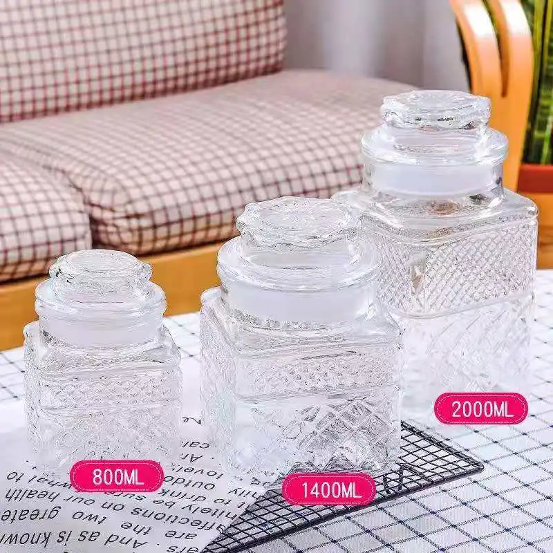 3 PCS Square Lead-Free Glass Embossed Sealed Canister