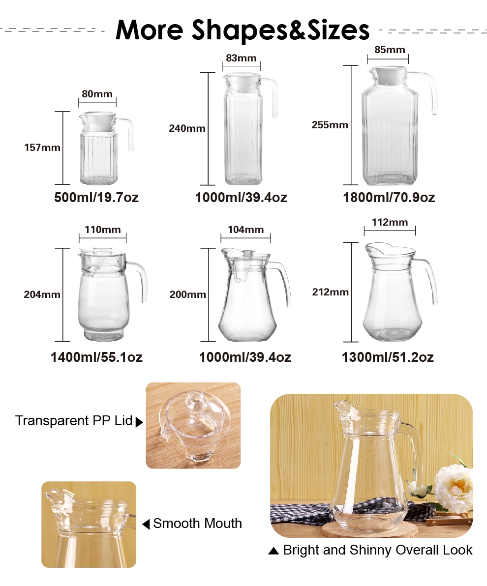 1L Wholesale Factory Classical Design Glass Iced Water Drinking Jug Pitcher with Plastic Lid Customized Colors for Home Office Use with Handle