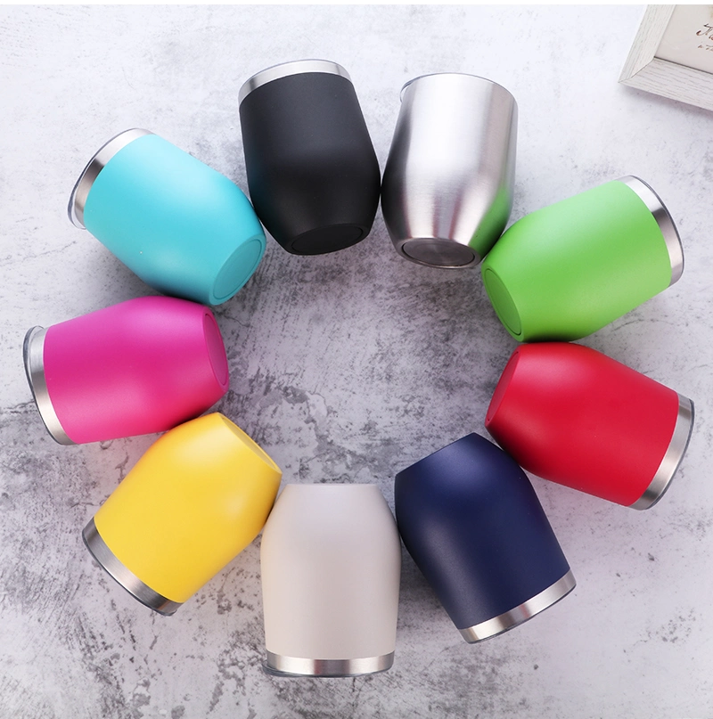 12oz White Sublimation Double Wall Stainless Steel Insulated Wine Tumbler Cup Stemless Egg Shape Wine Glass with Lids