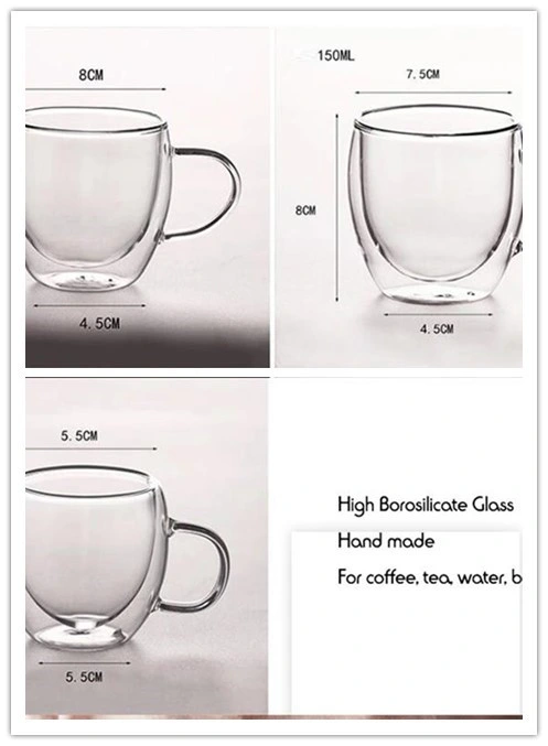 80ml 150ml 250ml 350ml 450ml 550ml 650ml Heat Resistant Borosilicate Double Wall Glass Kitchenware Glassware Coffee Tea Water Milk Wine Beer Glass Cup Mugs