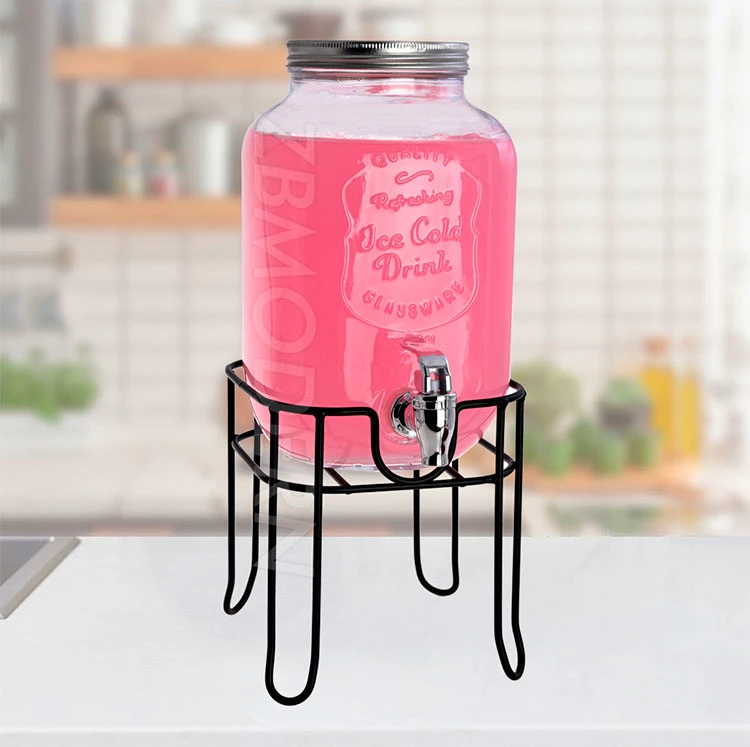 1 Gallon Glass Beverage Dispenser 3.8 L Glass Mason Jar Storage Canister with Airtight Metal Lid Metal Stand