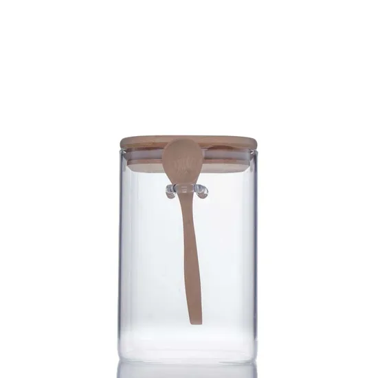 Square Glass Sealed Jar with Spoon Grain Storage Box with Bamboo Lid 