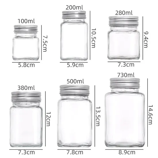 Square Transparent Jam Honey Bottle Sealed Storage Jar Food Glass Empty Bottle with Aluminum Lid 