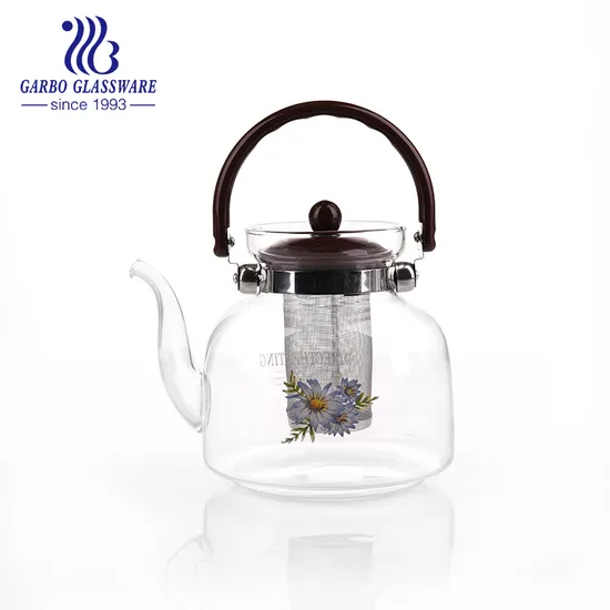 1.5L OEM Logo Clear Blowing Borosilicate Glass Teapot with Plastic Handle 