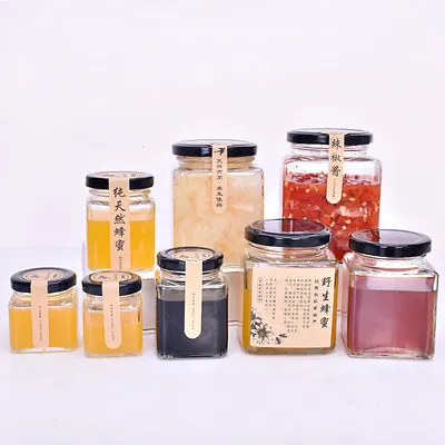 Square Storage Glass Jam Honey Jar with Deep Metal Lid 100ml to 730ml for Food Pickle 