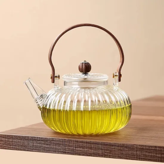 High Borosilicate Glass Teapot with Wood Handle Infuser Heat Resistant for Stovetop Home Party Coffee Tea 