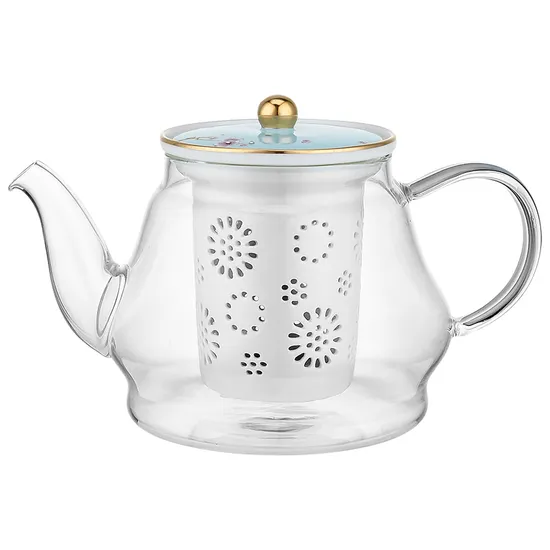Golden Luxury Teaset Heat Resistant Glass Customized Tea Pot with Color Glazed Porcelain Filter and Warmer Base for Gifts 