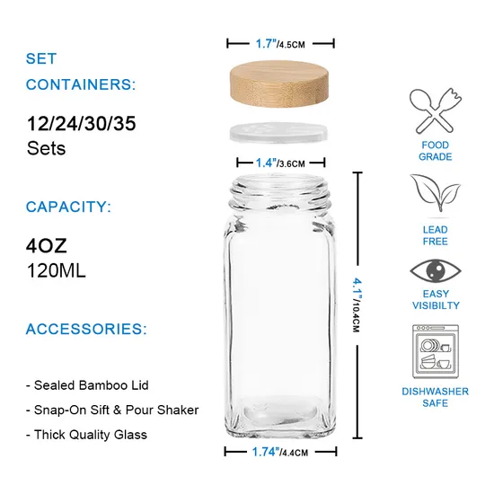 120ml 4oz Home Kitchen Square Airtight Storage Glass Spice Jars with Bamboo Lids Seasoning Storage Bottles 