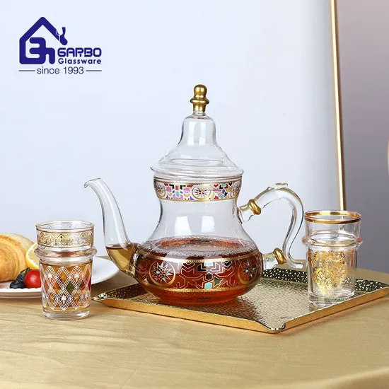 Borosilicate Glass Tea Pot with Golden Decal Printing Hot Drinks Tea Pot Set Arabic Market Hot Selling Tea Serving Pot Glass Kettle 